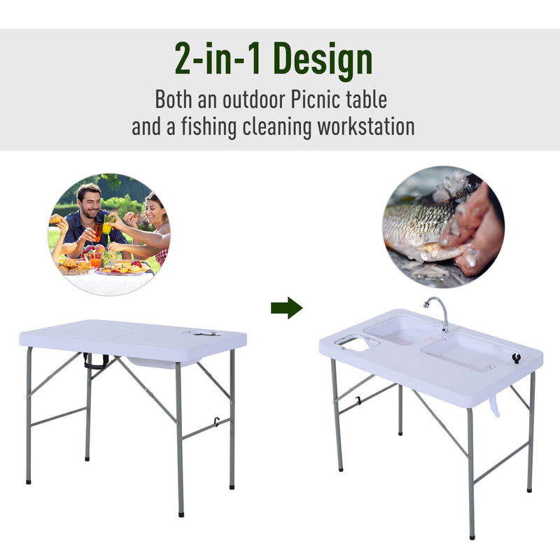 31.9&quot; Folding Table Camping BBQ Fishing Table with Faucet and Sinks Portable
