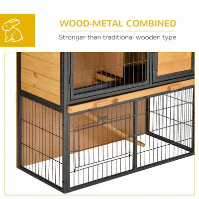 Outdoor Rabbit Cage Elevated Pet House w/ Slide-Out Tray, Natural Wood &amp; Black 842525165488