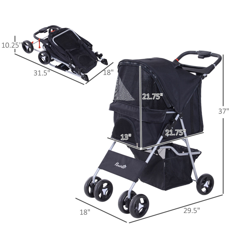 Cat Dog Carrier Cart Foldable Cup Holder with 4 Wheels Storage Basket, Black
