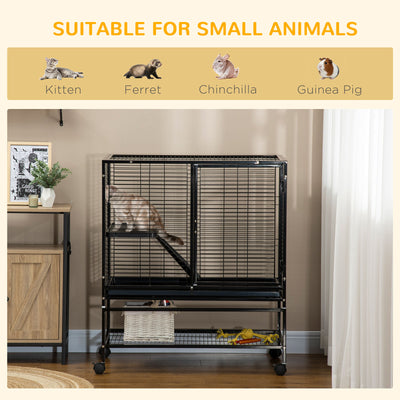 Small Animal Cage for Ferret Chinchilla Guinea Pig W/ Wheels Tray Ramp
