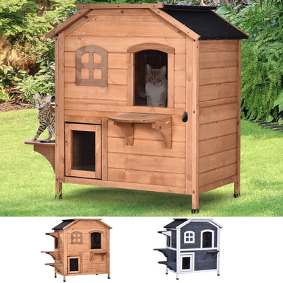 2-Story Wooden Cat Condo w/ Balcony &amp; Doors for Indoor/Outdoor Use