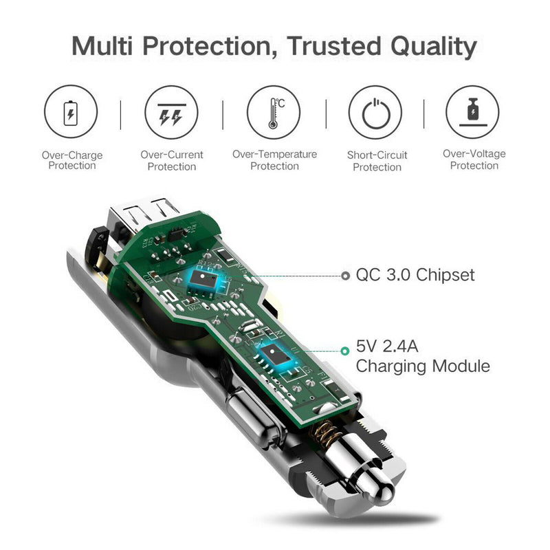 Metal QC 3.0 Car Charger Dual Ports with Braided USB3.0 A to USB-C Cable[3/6ft]