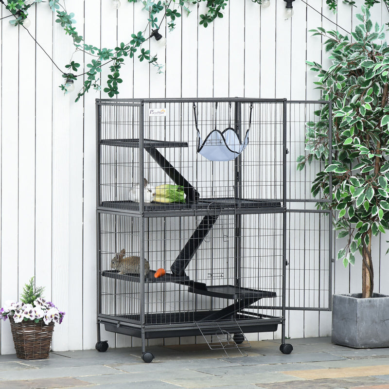 Large Rolling Steel Small Animal Habitat W/ Hammock &amp; 4 Doors, Removable Tray