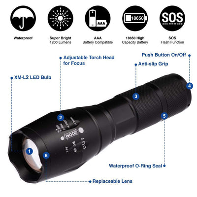 Torch Handheld Super Bright LED Rechargeable 2000LM Flashlight With 5 Modes