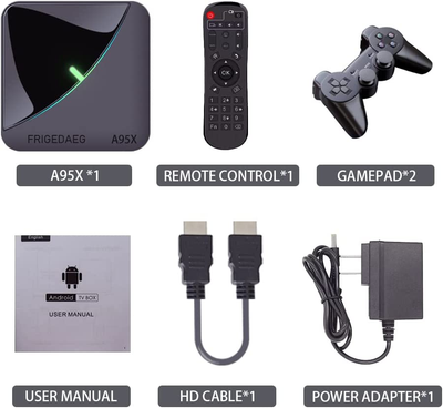 FRIGEDAEG Video Game Console with 60000+ Games A95X Retro Game Box 2 Controllers