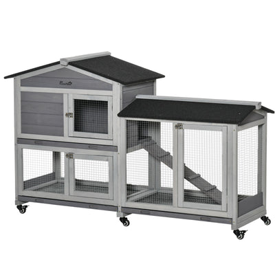 62&quot; Wooden Mobile Rabbit Hutch with Wheels Run Box Slide Tray Ramp, Light Grey 196393161449