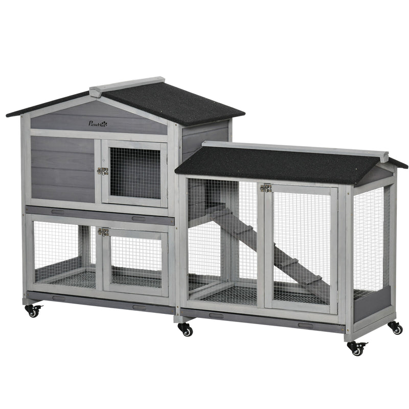 62&quot; Wooden Mobile Rabbit Hutch with Wheels Run Box Slide Tray Ramp, Light Grey 196393161449