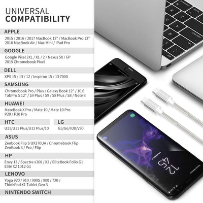 Thunderbolt 3 Compatible USB-C to USB-C 3.1 Cable 6inch 3FT 6FT Nylon Braided