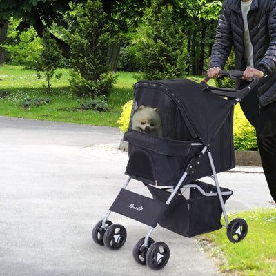 Cat Dog Carrier Cart Foldable Cup Holder with 4 Wheels Storage Basket, Black