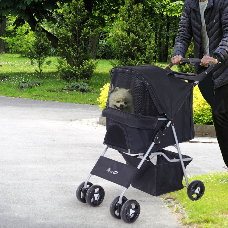 Cat Dog Carrier Cart Foldable Cup Holder with 4 Wheels Storage Basket, Black