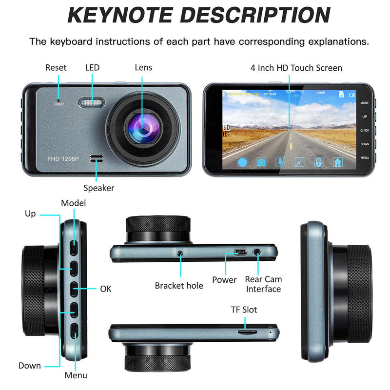 1296P Full HD Dual Dashcam with Night Vision 140°Wide Angle 4" HD Screen for Car