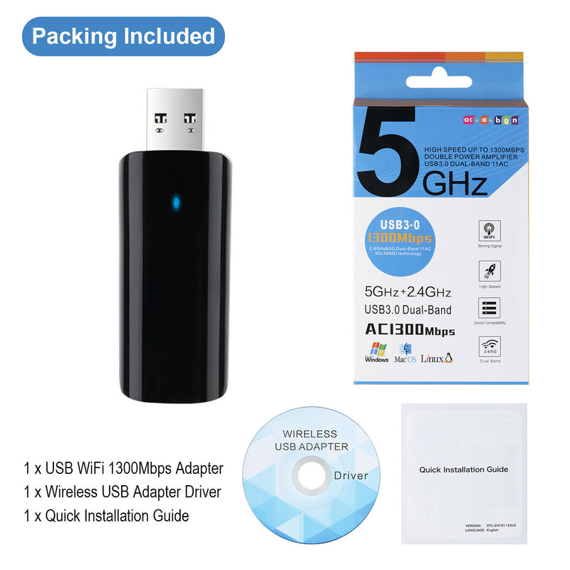 Wireless USB 3.0 WiFi Adapter AC1300Mbps High Speed 802.11ac 2.4GHz/5GHz for PC