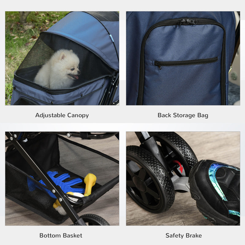 Pet Stroller Foldable Travel Dog Cat Carriage w/ Reversible Handle Brake Basket