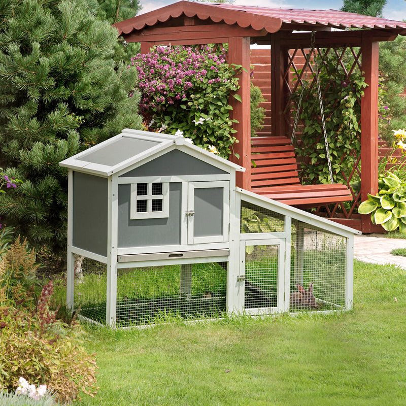 59&quot; Wooden Rabbit Hutch Playpen Bunny House with Sunlight Roof Ramp Tray Grey