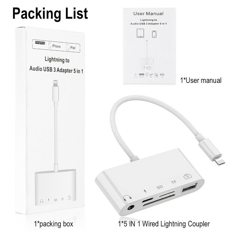 5 in 1 8-Pin to TF SD Card Reader Camera USB OTG Adapter For iPhone iPad iPod CA