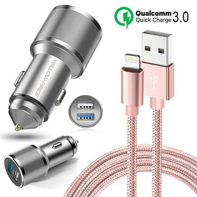Metal QC 3.0 Car Charger Dual Ports with Braided USB3.0 A to USB-C Cable[3/6ft]