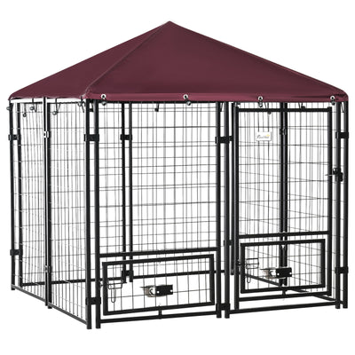 4.6&apos; x4.6&apos; x5&apos; Indoor/Outdoor Metal Dog Kennel House w/ 2 Food Bowls &amp; Lock 196393159187