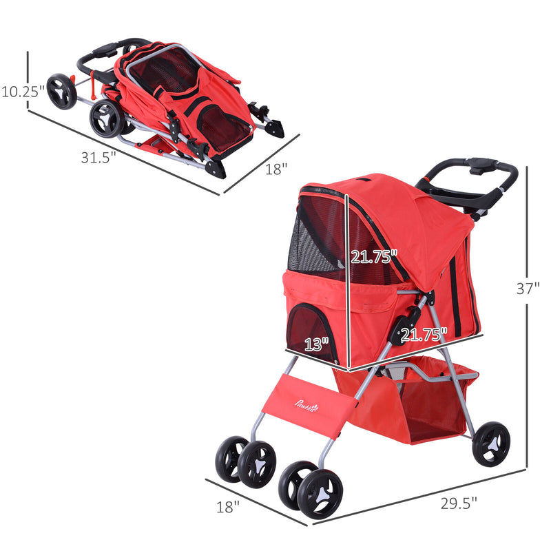 PawHut Cat Dog Carrier Cart Foldable with Storage Basket Cup Holder, Red