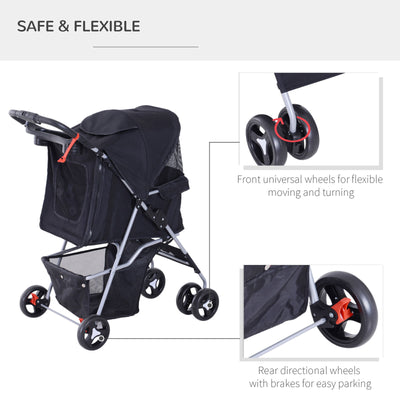 Cat Dog Carrier Cart Foldable Cup Holder with 4 Wheels Storage Basket, Black