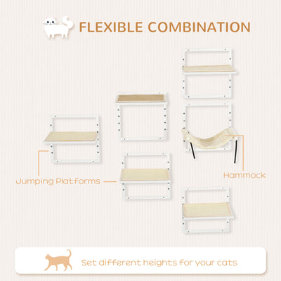 6PCs Modern Steel Cat Wall Shelves with Jumping Platform and Hammock, Cream