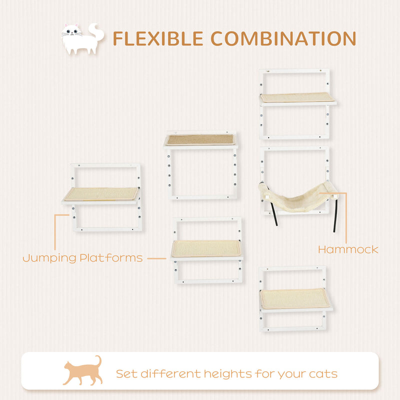6PCs Modern Steel Cat Wall Shelves with Jumping Platform and Hammock, Cream