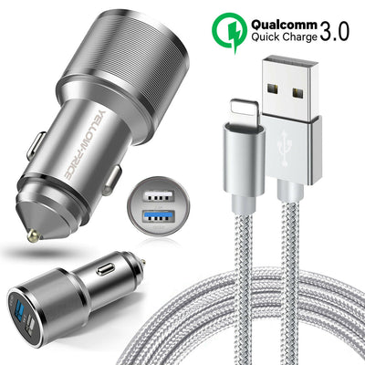 Metal QC 3.0 Car Charger Dual Ports with Braided USB3.0 A to USB-C Cable[3/6ft]