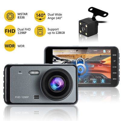 1296P Full HD Dual Dashcam with Night Vision 140°Wide Angle 4" HD Screen for Car