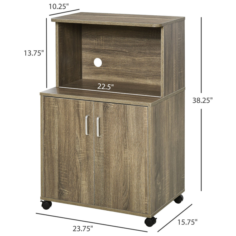 Wooden Microwave Cart on Wheels Storage Shelf 2-door Cabinet Trolley Grey