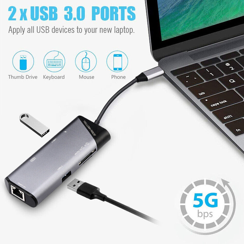 USB C Hub Adapter w/ 4K HDMI, Ethernet, Type C, USB 3.0 Port for Macbook Pro/Air