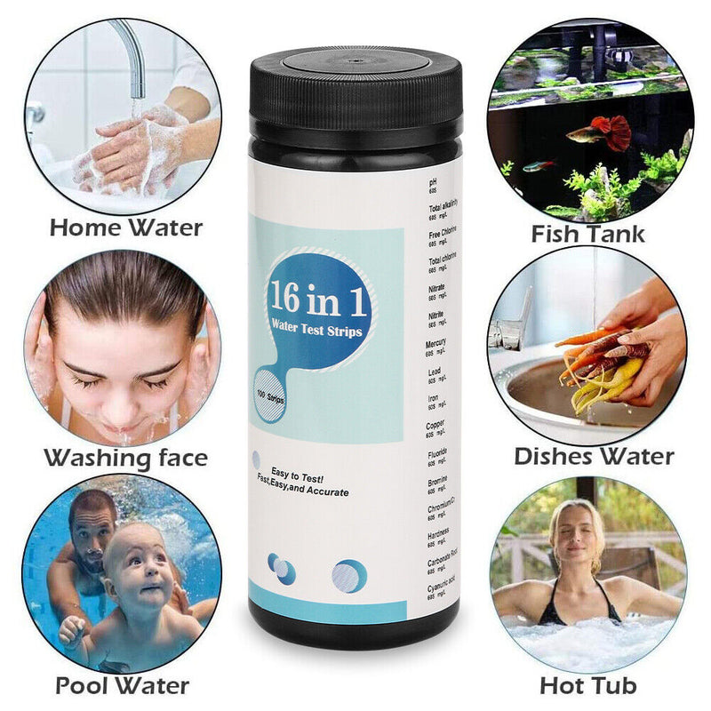 100PCS 16 IN 1 Drinking Water Test Strips Easy Quick for PH Hardness Lead Iron