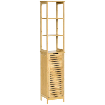 Tall Slim Bathroom Floor Cabinet Freestanding Linen Tower w/ 3 Shelves Natural