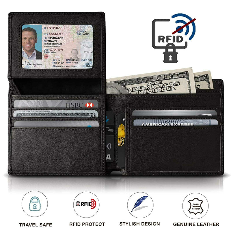 Trifold Wallet RFID BLACK GENUINE LEATHER LUXURY BIFOLD SLIM MENS ID NEW