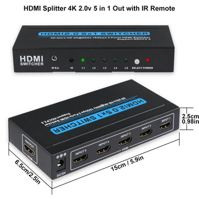 [Plug & Play] 5 In 1 Out HDMI Switcher with IR Remote Support 4K 60hz, 2K, 1080P