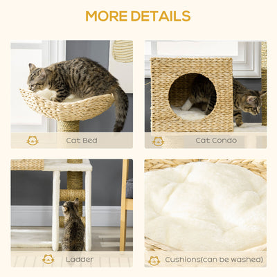 39.5&quot; Cat Tree Tower Cattail Weave W/ Cat Condo, Bed, Ladder, Washable Cushions