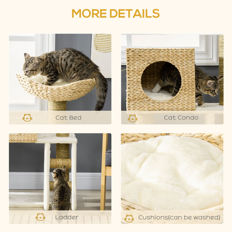 39.5&quot; Cat Tree Tower Cattail Weave W/ Cat Condo, Bed, Ladder, Washable Cushions