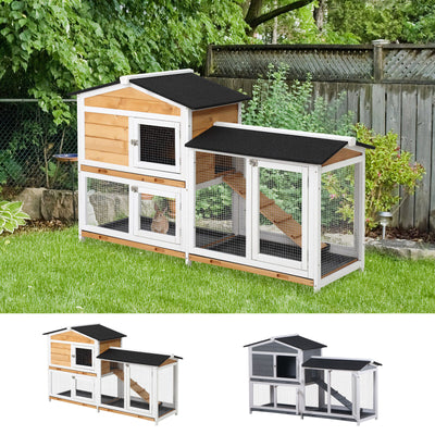 2-tier Wood Rabbit Hutch Backyard Small Animal House Ramp Outdoor Run Enclosed