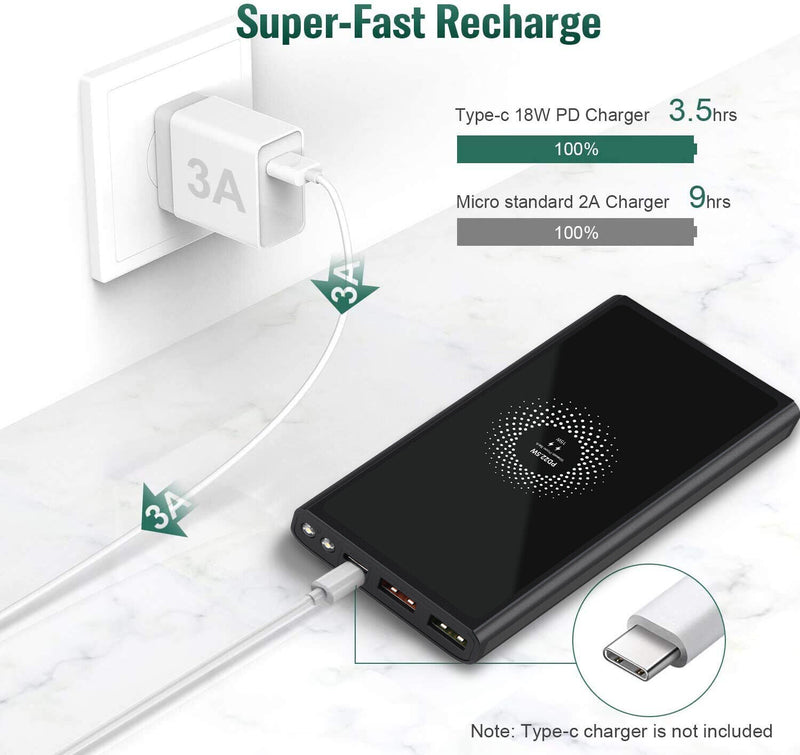 15W Qi Fast Charge 10000 mAh Power Bank with Type-C In / Output and LCD Display