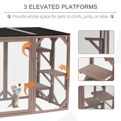 Cat Cage Wooden Pet Enclosure with Waterproof Roof, Platforms, Lock, Brown