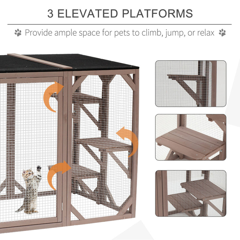 Cat Cage Wooden Pet Enclosure with Waterproof Roof, Platforms, Lock, Brown