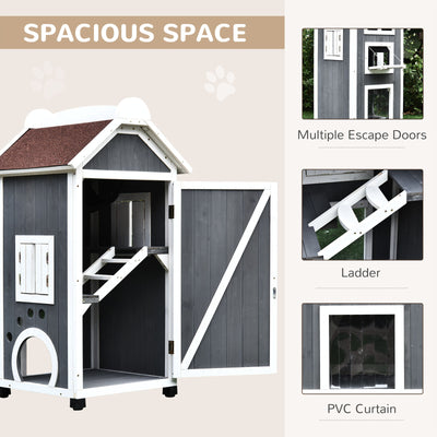 Solid Wood Cat Condo Furniture 2-Floor Pet Shelter, Grey and White, 43&quot; H 842525144469