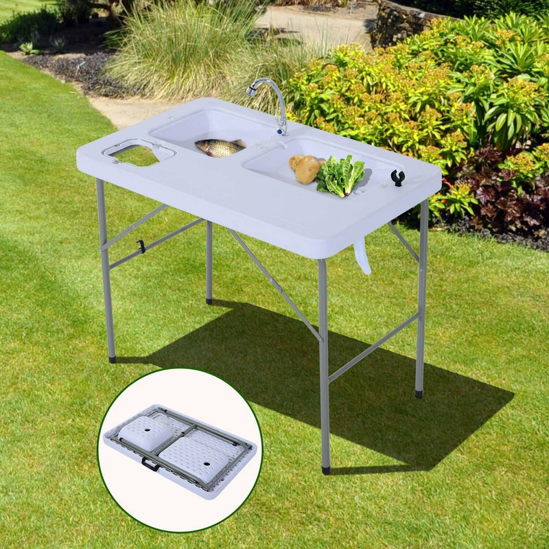 31.9&quot; Folding Table Camping BBQ Fishing Table with Faucet and Sinks Portable