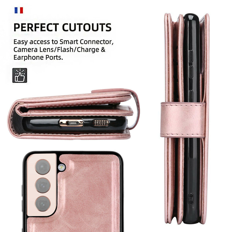 Rose Gold Luxury Detachable Leather Wallet Case w/Strap for Galaxy S21 S21+ S21U