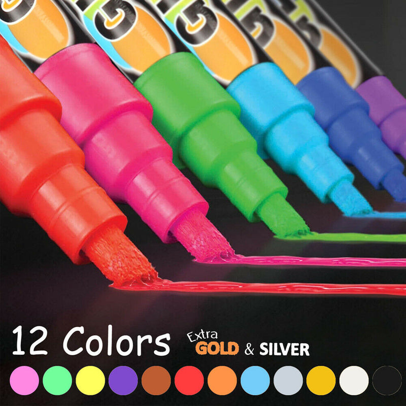 12 COLORS Liquid Chalk Pen Marker For Glass Windows Plastic Pens CA SELLER