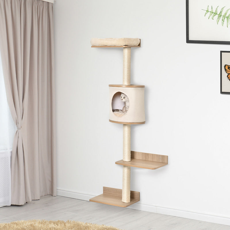 4-Level Wall Mounted Cat Tree Activity Play Center w/ Condo Bed Scratching Posts 196393066645
