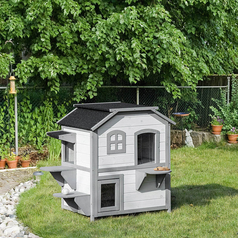 Wooden 2-Story Indoor or Outdoor Cat House W/ Escape Door, Cat Shelter, White 196393161340