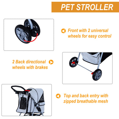 4 Wheel Pet Stroller Cat Dog Jogger Folding Sunshade Canopy Grey