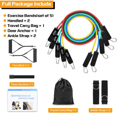 11 Pack Exercise Bands Stackable up to 150lb w/Door Anchor & Handles for Fitness