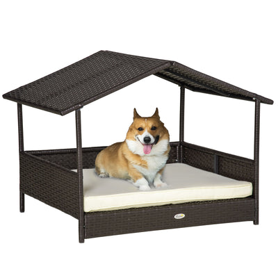 Elevated Wicker Dog House, Raised Rattan Pet Bed Cabana w/ Cushion, Canopy White 842525148276