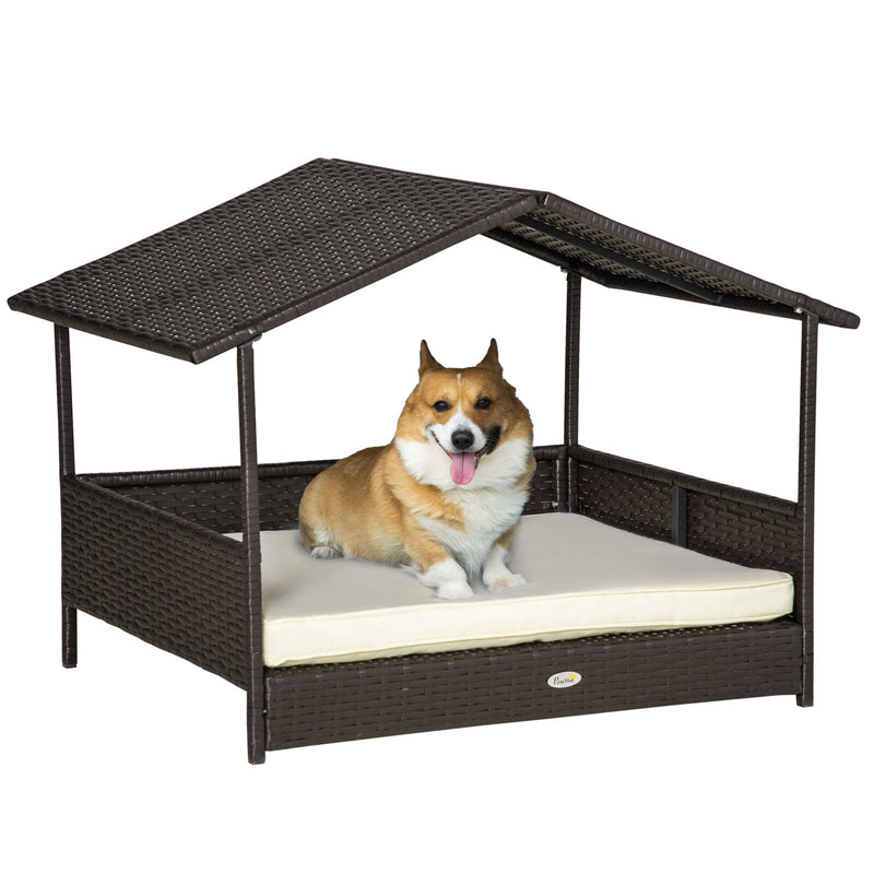 Elevated Wicker Dog House, Raised Rattan Pet Bed Cabana w/ Cushion, Canopy White 842525148276
