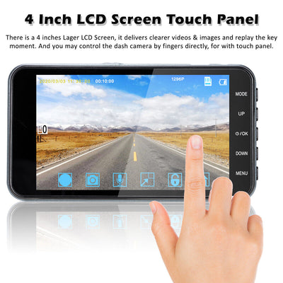 1296P Full HD Dual Dashcam with Night Vision 140°Wide Angle 4" HD Screen for Car